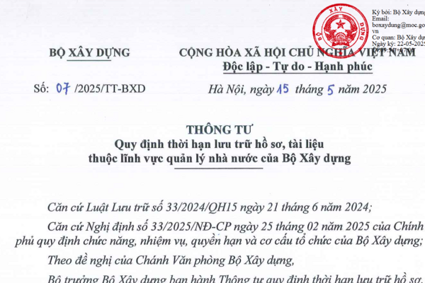Thông tư quy định thời hạn lưu trữ hồ sơ, tài liệu thuộc lĩnh vực quản lý nhà nước của Bộ Xây dựng
